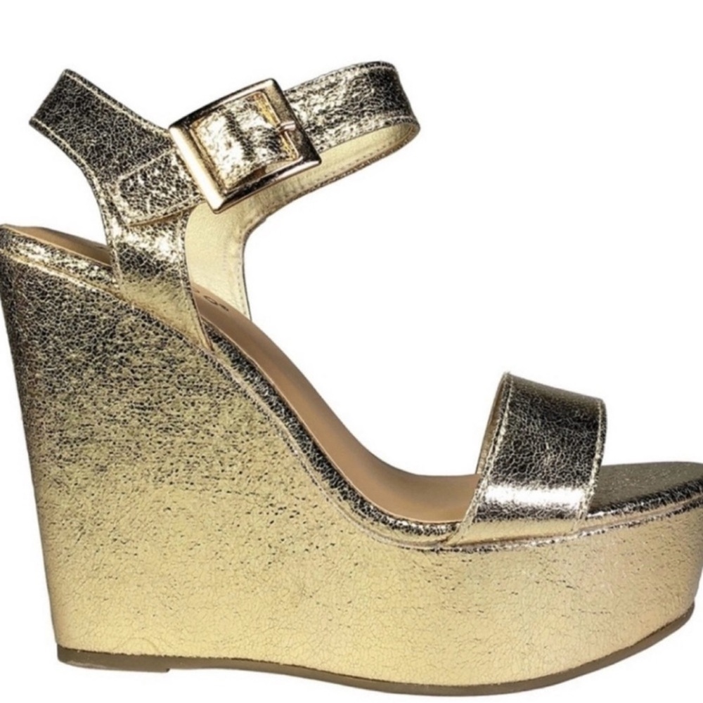 Bamboo Gold Metallic Open Toe Platform
Ankle Strap
Wedges - Size 8